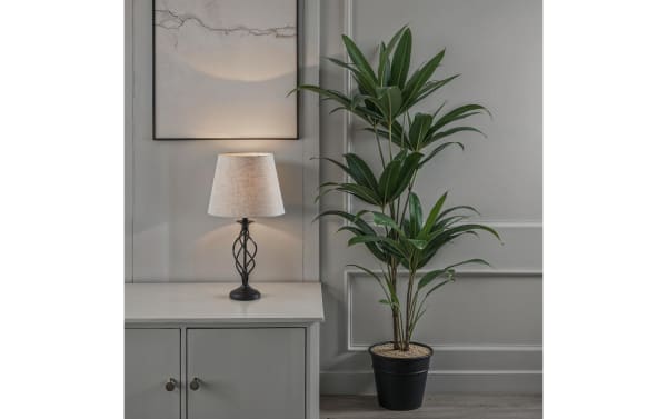 Mirza Gray & Black Table Lamp with steel spiral base and gray linen fabric shade, contemporary style for modern home décor lighting.