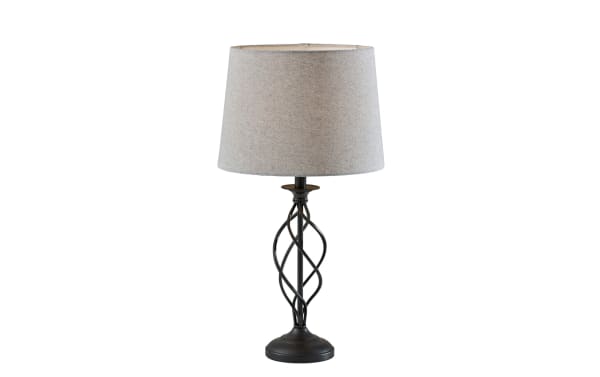 Mirza Light Gray & Black Table Lamp with a gray linen fabric shade and black steel open spiral base, showcasing contemporary style and elegance.