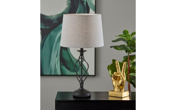 Mirza Light Gray & Black Table Lamp with steel open spiral base and gray linen fabric shade, showcasing contemporary elegance and modern design.