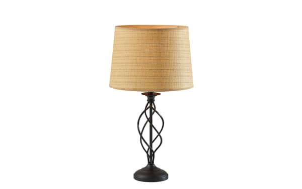 Mirza Natural & Black Table Lamp with beige PE rattan shade and black metal spiral base, showcasing contemporary style and elegant design.