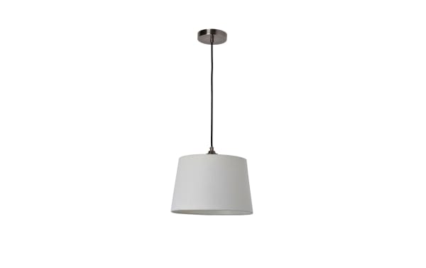 Beatrice Antique Pewter Pendant light with gray linen fabric shade and steel frame, mid-century modern style ceiling fixture for ambient room lighting.