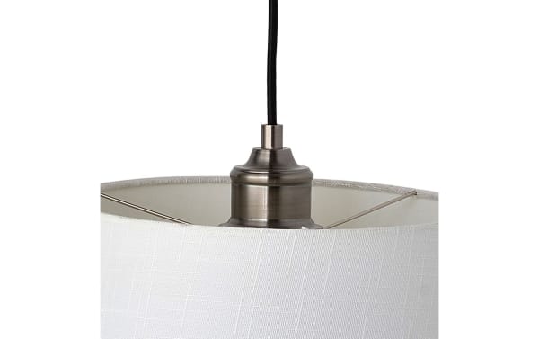 Close-up of the Beatrice Antique Pewter Pendant light featuring a gray linen fabric shade and steel antique pewter finish, showcasing mid-century modern style.