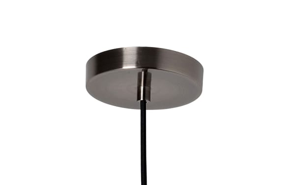 Beatrice Antique Pewter Pendant ceiling light with gray steel canopy and black linen cord, mid-century modern style lighting fixture.