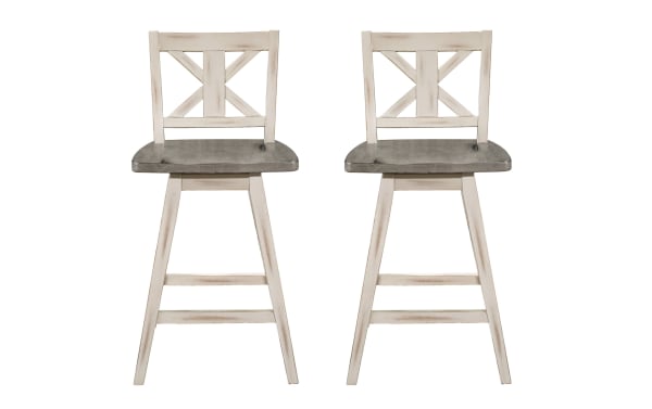 Set of 2 Ayana rustic swivel counter height stools in white and gray, solid rubberwood with distressed finish and X-back design for kitchen or bar seating.