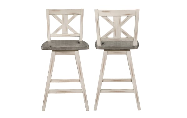 Set of 2 Ayana rustic swivel counter height stools in white and gray, made from solid rubberwood with distressed finish and X-back design.
