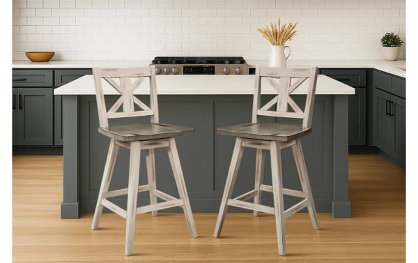 Rustic Ayana White & Gray Solid Wood Swivel Counter Height Stools (Set of 2) with X-back design, distressed rubberwood finish, and swivel seats.