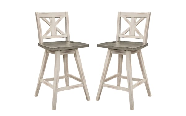 Set of 2 Ayana White & Gray rustic swivel counter height stools with X-back design, solid rubberwood, distressed finish, and gray wood seats.