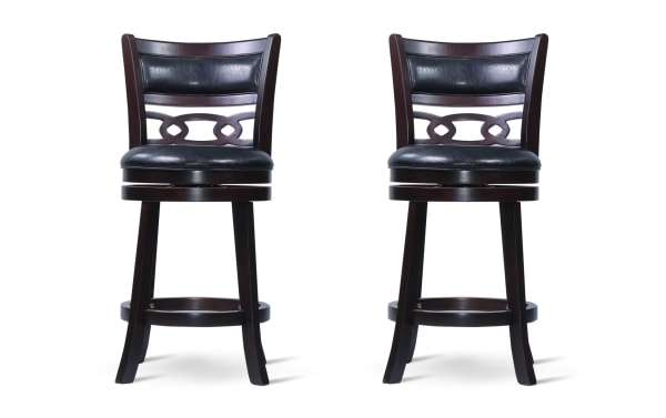 Set of 2 Christel Cherry & Black faux leather upholstered swivel counter height stools with black rubberwood frame, carved backrest, and transitional style.