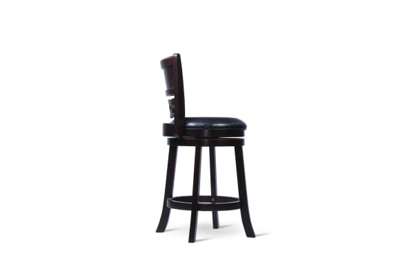 Transitional Christel Cherry & Black faux leather swivel counter height stool with carved backrest, black rubberwood frame, and cushioned seat.
