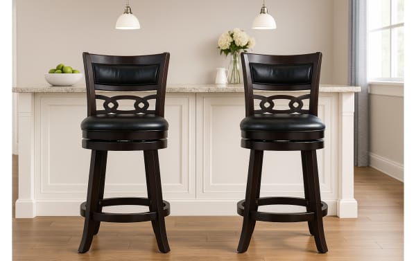 Christel Cherry & Black Faux Leather Upholstered Swivel Counter Height Stool set with carved backrest, black rubberwood frame, and 360-degree swivel.