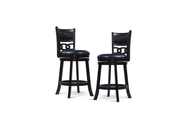 Set of 2 Christel Cherry & Black faux leather upholstered swivel counter height stools with carved backrests, black rubberwood frames, and transitional style.