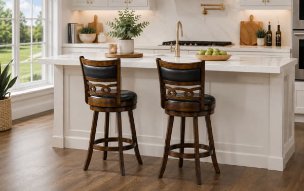 Two dark wood swivel bar stools with black cushioned seats and decorative backrests placed at a white marble kitchen island with a brass faucet and hardwood flooring.