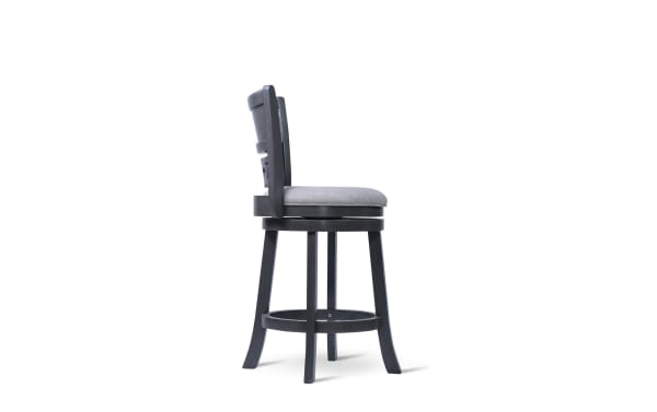 Transitional Christel Gray Upholstered Swivel Counter Height Stool with carved backrest, gray fabric polyester seat, rubberwood and iron frame, 360-degree swivel.