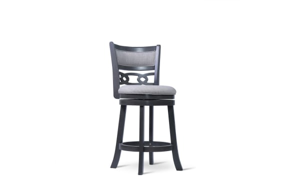 Christel Gray Upholstered Swivel Counter Height Stool with gray polyester fabric, carved backrest, rubberwood frame, and 360-degree swivel in transitional style