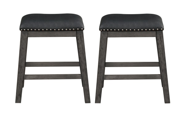 Set of 2 Polly black and gray faux leather backless upholstered counter height stools with nailhead trim, transitional style, and sturdy rubberwood legs