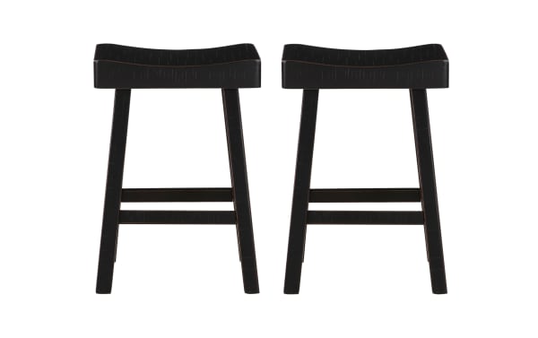Set of 2 Alicia Black rustic backless counter stools in solid rubberwood with saddle-style seats and subtle distressed finish for kitchen use.