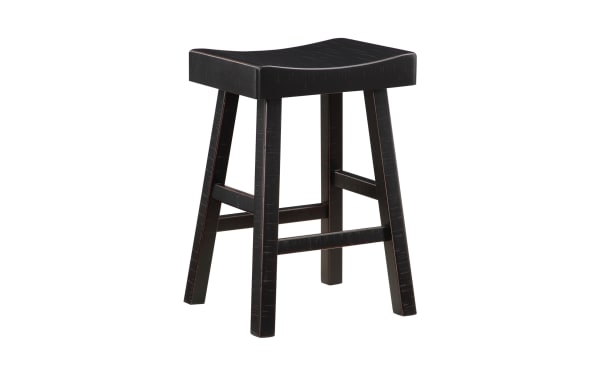 Alicia Black solid wood backless counter height stool in rustic style, made of rubberwood solids with a curved saddle seat and distressed black finish.
