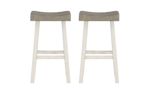 Set of 2 Alicia White & Gray rustic backless bar height stools with saddle-style gray rubberwood seats and white distressed legs, ideal for kitchen counters.