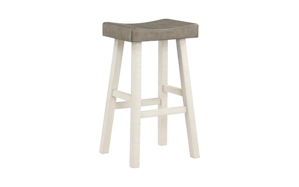 Rustic Alicia White & Gray solid rubberwood backless bar height stool with saddle seat, subtle distressed finish, ideal for kitchen seating.
