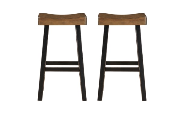 Set of 2 Alicia Black & Brown solid rubberwood backless bar height stools with rustic saddle-style seats and black legs for kitchen seating.
