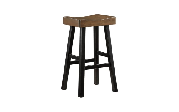 Alicia Black & Brown solid rubberwood backless bar height stool with rustic saddle-style seat and sturdy black legs, set of 2.