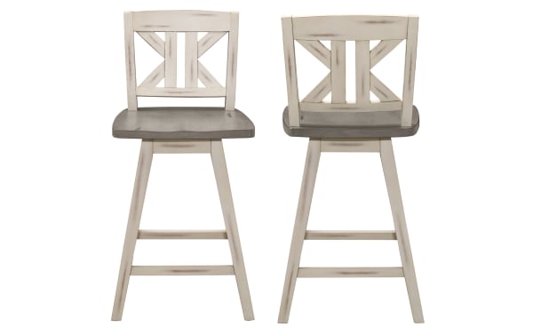 Ryker White & Gray Rustic Swivel Counter Height Stools, set of 2, solid rubberwood with distressed finish and X-back design
