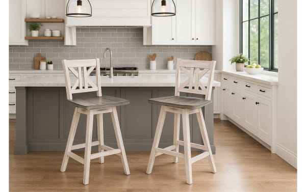 Rustic Ryker White & Gray solid rubberwood swivel counter height stools with distressed finish, X-back design, set of 2, ideal for farmhouse kitchens.