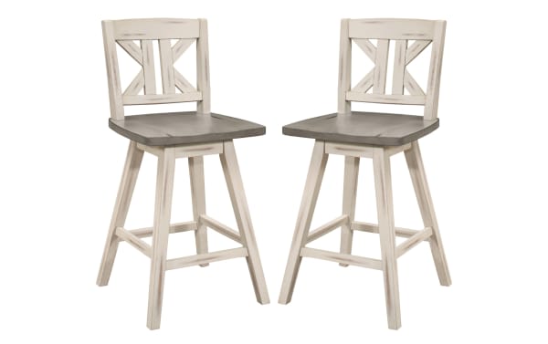 Set of 2 Ryker White & Gray rustic swivel counter height stools with distressed solid rubberwood, X-back design, and gray wood seats.
