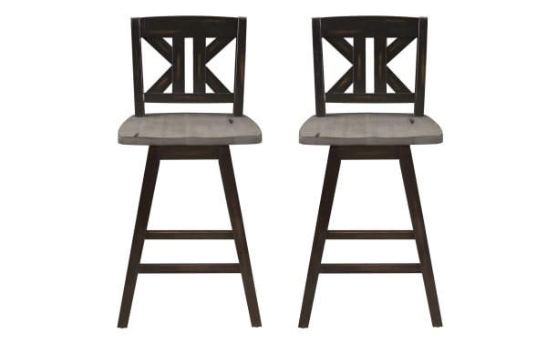 Rustic Ryker Black & Gray solid rubberwood swivel counter height stools, set of 2, with divided X-back design and distressed finish.