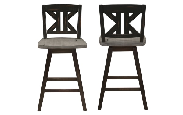 Set of 2 Ryker Black & Gray rustic swivel counter height stools with solid rubberwood frame, distressed finish, and X-back design for farmhouse style.