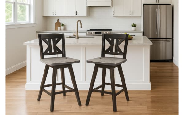 Set of 2 Ryker Black & Gray rustic swivel counter height stools with solid rubberwood, distressed finish, and X-back design for farmhouse kitchens.