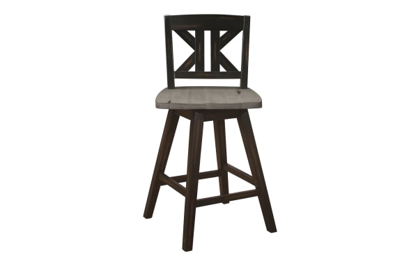Rustic Ryker Black & Gray swivel counter height stool with divided X-back, solid rubberwood frame, and distressed finish for farmhouse style seating.
