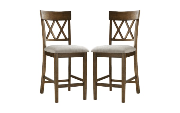 Set of 2 Andie Light Oak Cross Back Upholstered Counter Height Stools with gray linen-like polyester fabric, rubberwood frame, and classic double X-back design.
