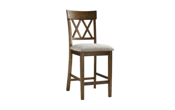 Andie Light Oak Cross Back Upholstered Counter Height Stool with gray linen-like polyester fabric seat, rubberwood frame, and classic double X-back design, transitional style.