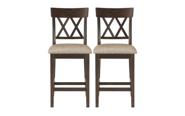 Set of 2 Andie Dark Brown Cross Back Upholstered Counter Height Stools with tan polyester fabric seats, rubberwood frame, and classic double X-back design.