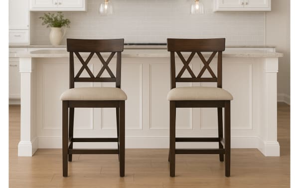 Set of 2 Andie Dark Brown Cross Back Upholstered Counter Height Stools with tan polyester fabric seats, rubberwood solids, and transitional style.