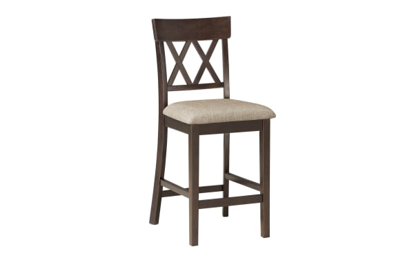 Andie Dark Brown Cross Back Upholstered Counter Height Stool with tan polyester fabric seat, rubberwood frame, and classic double X-back design.