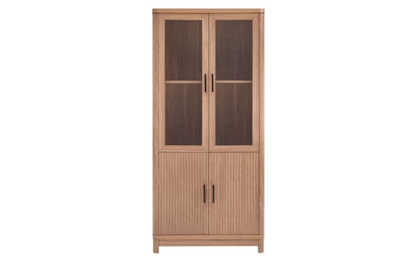 Joelle 67.6'' natural wood bookcase with 3 shelves, ribbed MDF doors, tempered glass panels, black powder-coated metal handles, mid-century modern style.