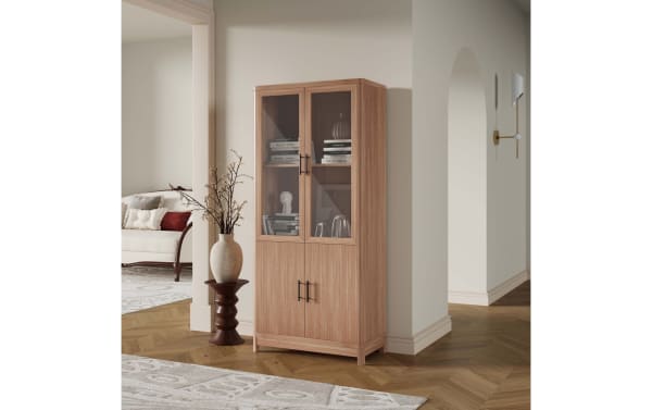 Joelle 67.6'' natural wood bookcase with 3 shelves, ribbed MDF doors, tempered glass panels, and powder-coated metal handles in contemporary style.