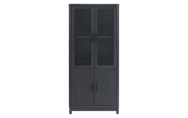 Joelle 67.6'' charcoal 3 shelf bookcase with ribbed MDF doors, tempered glass panels, powder-coated metal legs, mid-century modern style.