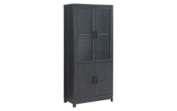 Joelle 67.6'' Charcoal 3 Shelf Bookcase with ribbed MDF doors, tempered glass panels, powder-coated metal legs, contemporary mid-century modern style.