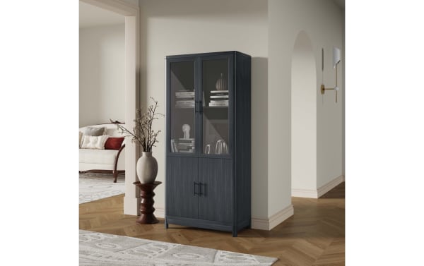 Joelle 67.6'' Charcoal 3 Shelf Bookcase with ribbed charcoal MDF doors, tempered glass panels, powder-coated metal handles and splayed legs in contemporary style.