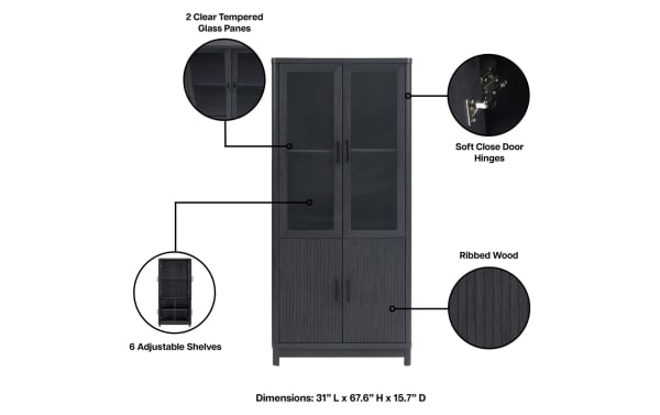 Joelle 67.6'' Charcoal 3 Shelf Bookcase with ribbed charcoal MDF doors, 2 clear tempered glass panes, soft close hinges, 6 adjustable shelves, and powder-coated metal legs in contemporary style.