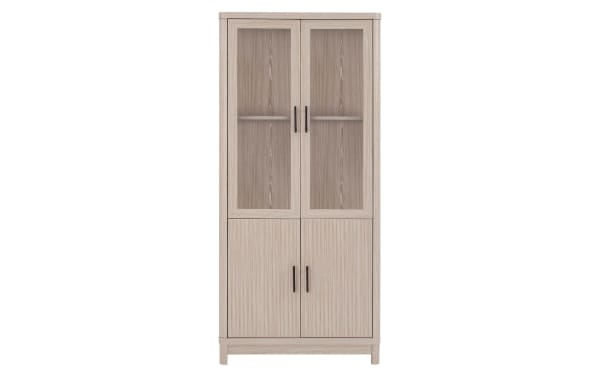Joelle 67.6'' white oak bookcase with 3 shelves, ribbed MDF doors, tempered glass panels, powder-coated metal handles and splayed legs, contemporary style.