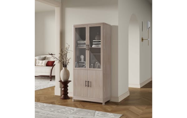 Joelle 67.6'' White Oak 3 Shelf Bookcase with ribbed MDF doors, tempered glass panels, powder-coated metal handles, and splayed legs in contemporary style.