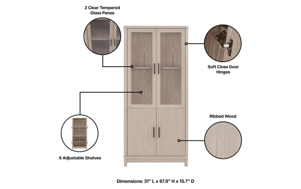Joelle 67.6'' white oak contemporary bookcase with ribbed MDF doors, 2 clear tempered glass panes, 6 adjustable shelves, soft close hinges, and powder-coated metal handles.