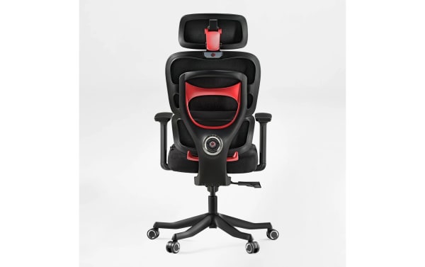 Ergonomic black and red office chair with adjustable headrest, mesh back, padded seat, armrests, lumbar support dial labeled "Ergonomic Comfort," and five caster wheels for mobility.