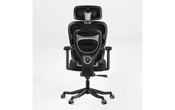 Ergonomic black office chair with adjustable headrest, mesh back, padded armrests, lumbar support dial, and five caster wheels for mobility.