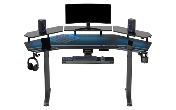 Aries 72'' Black Adjustable Gaming Desk with particle board top, powder-coated metal frame, dual motor lift, dual monitor risers, iPad slots, cup holder, headphone hook, full-desk mouse pad, and cable management in transitional style.