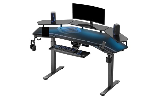 Aries 72'' Black Adjustable Gaming Desk by Eureka Ergonomic, transitional style with particle board top, powder-coated metal frame, dual monitor risers, full-desk mouse pad, cup holder, headphone hook, and cable management.